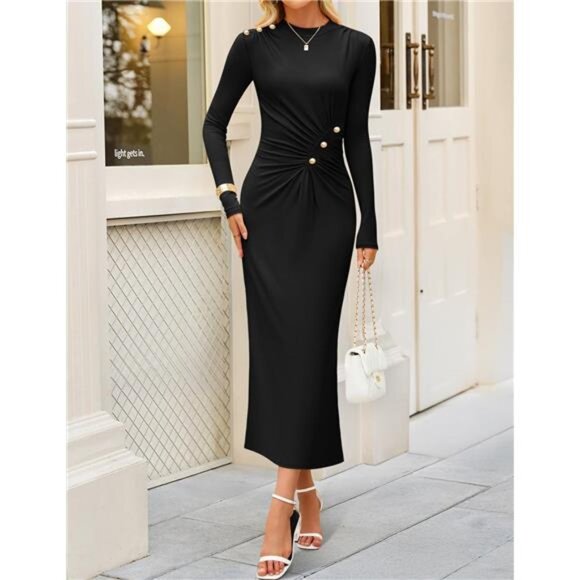 Womens Long Sleeve Mock Neck Bodycon Midi Dress Black - Picture 1 of 6